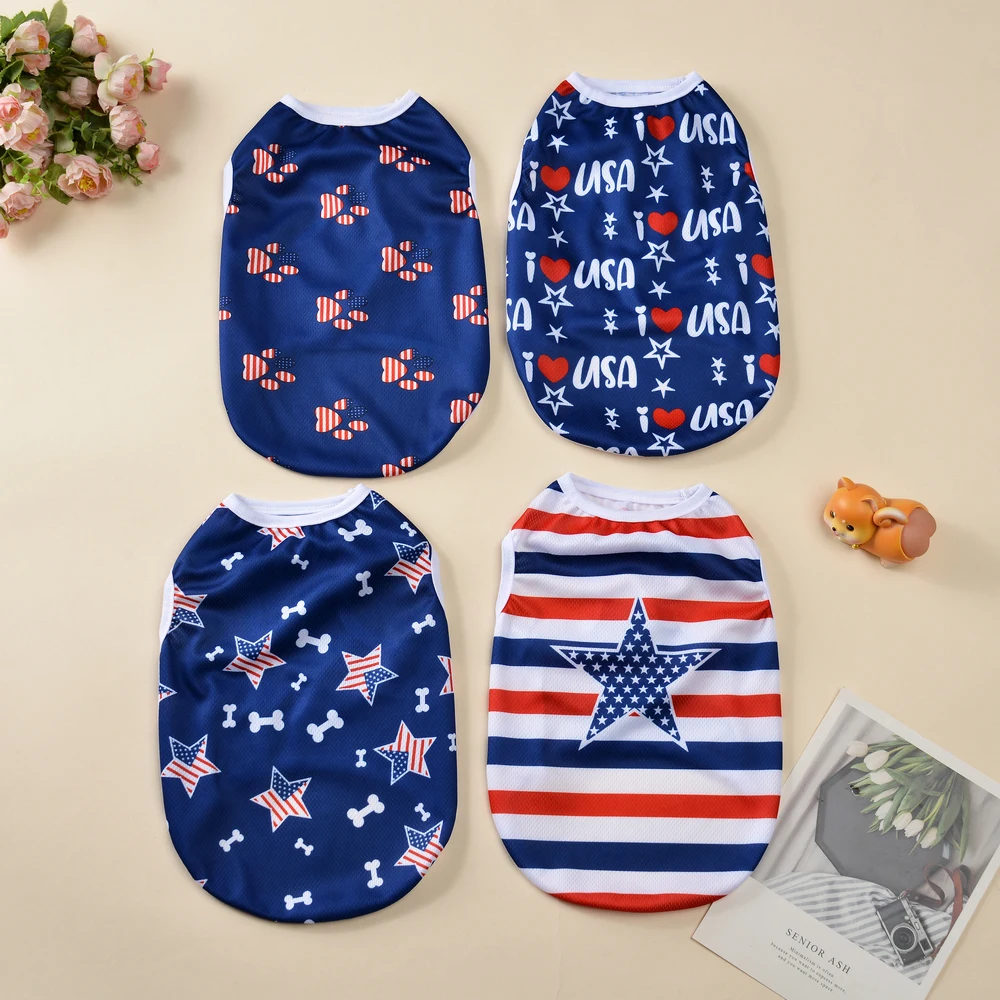 Dog T-shirt For Small Medium Dogs Cats Breathable Summer Pet Costume Independence Day July 4th Puppy Vest Yorkshire Pug Clothes