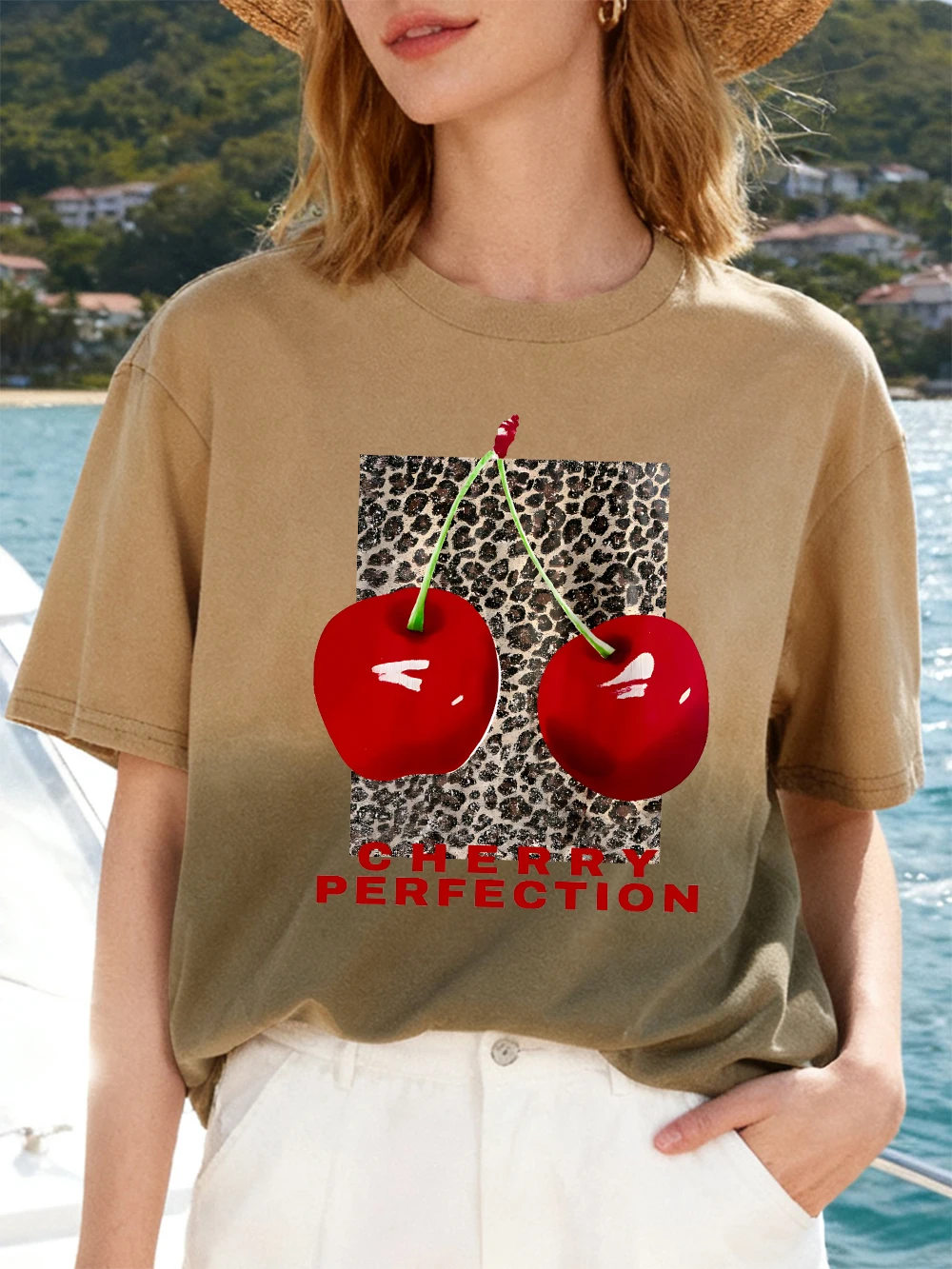 

Leopard Cherry Prints Womens Gradient Tie Dye T-Shirts Casual Oversized Tops O-Neck Soft Summer T Shirts Short Sleeve Clothes