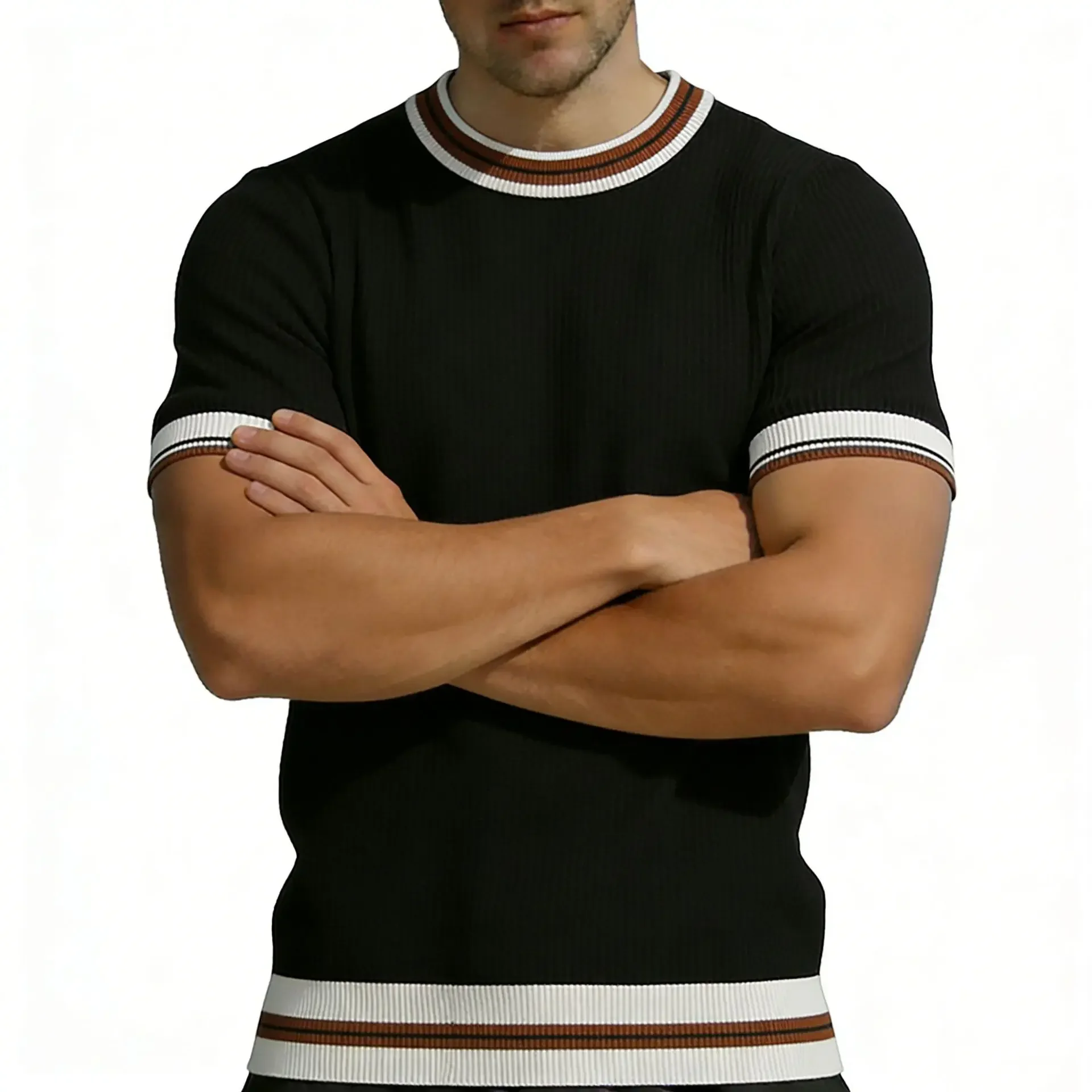 Summer Men Plus Size Color-coded O-neck Short Sleeve Simple Basic Daily Casual Slim Knitted T-shirt Male New Fashion Top Clothes