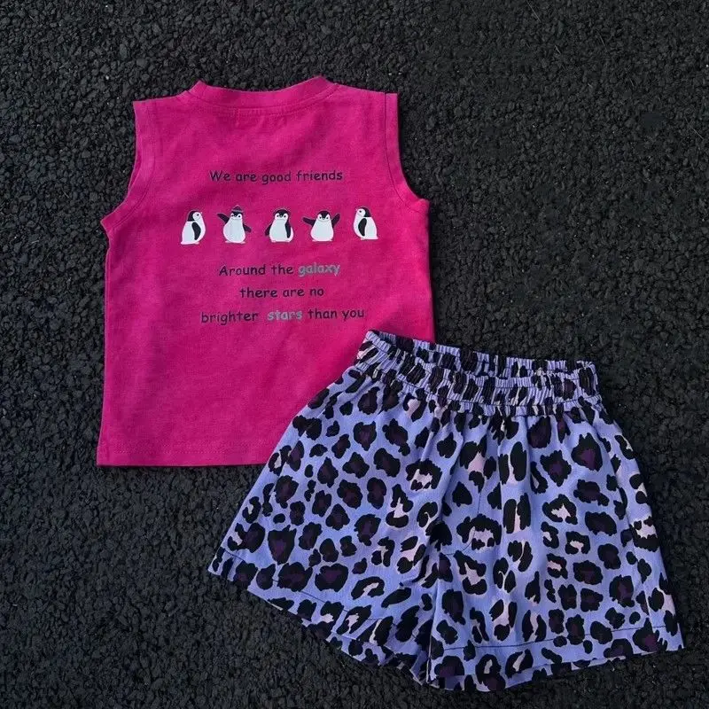 

Summer Girls' Shorts Set Cute Cartoon Penguin Round Neck Sleeveless T-shirt Leopard Pattern Casual Loose Shorts 0-6Years Old ﻿