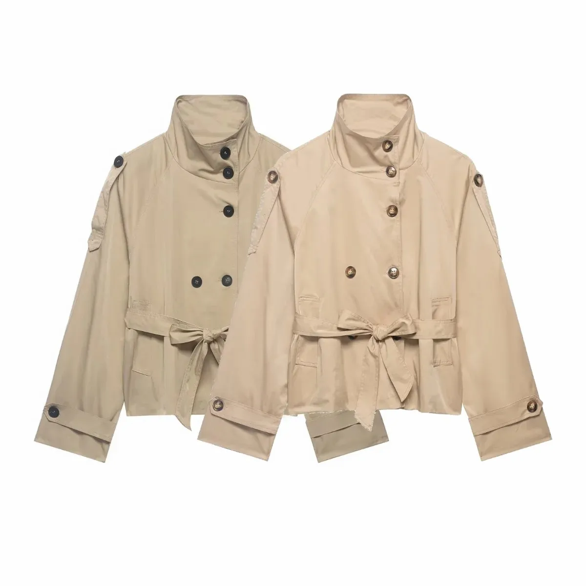 Damen Cropped Trenchcoats Herbst-Outfit für Frauen Doppelreihige Stehkragen-Mäntel Damen Casual Vintage Jacken – Detail 2