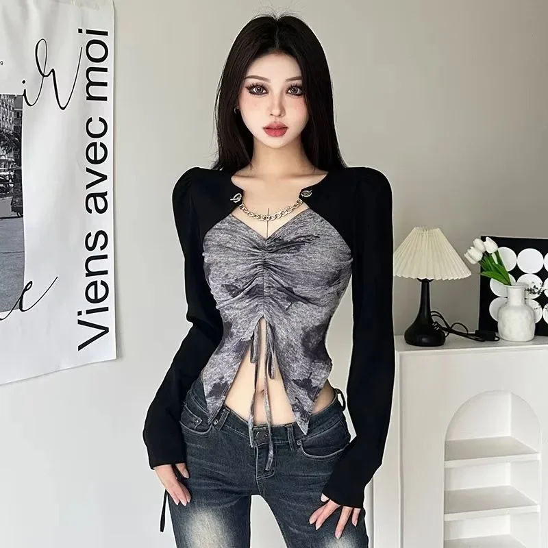 Personality Fashion Smudging Drawstring Tie Irregular Crop Slim Top Chain Neckline Design Long Sleeve Woman Simple Street Style