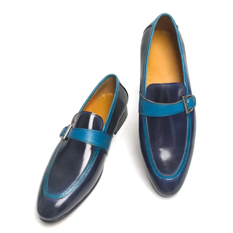 

Men's Leather Casual Shoes Daily Wear with Light Blue Connection Up and Down More Eye-catching Metal Buckle Decorative Loafers