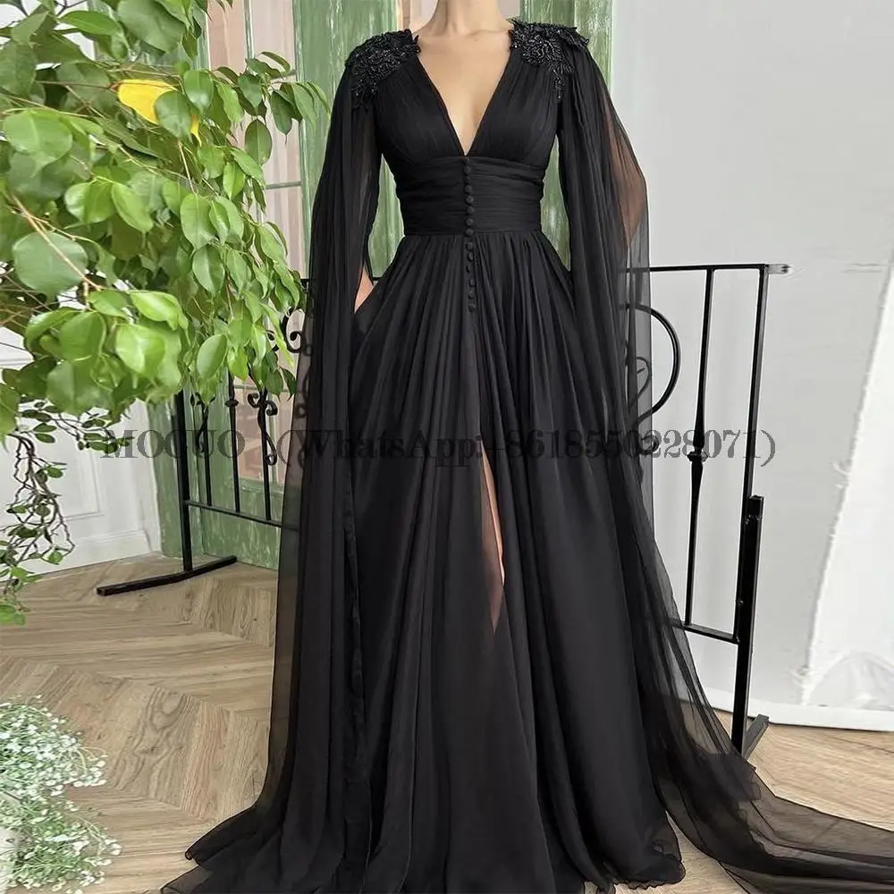 

Sexy Black Chiffon Floor length Evening Party Dress V-neck Applique High Waist Prom Gown Elegant Pleats Ruching A-line