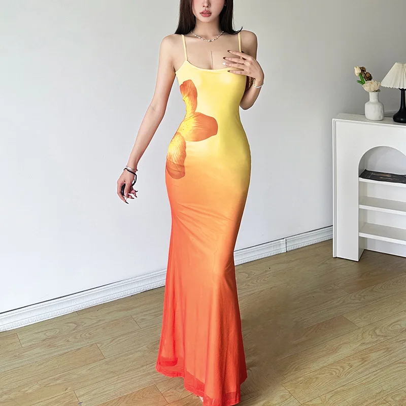

Women's Fashion Sexy Strapless Long Dress Elegant Floral Print Gradient Color Ankle-lenght Dress for Women Beach Streetwear