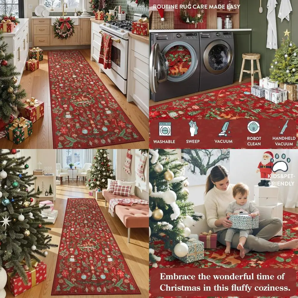 

Red 2'6 x 8' Non-Slip Washable Christmas Reindeer Runner Rug for Hallway and Kitchen