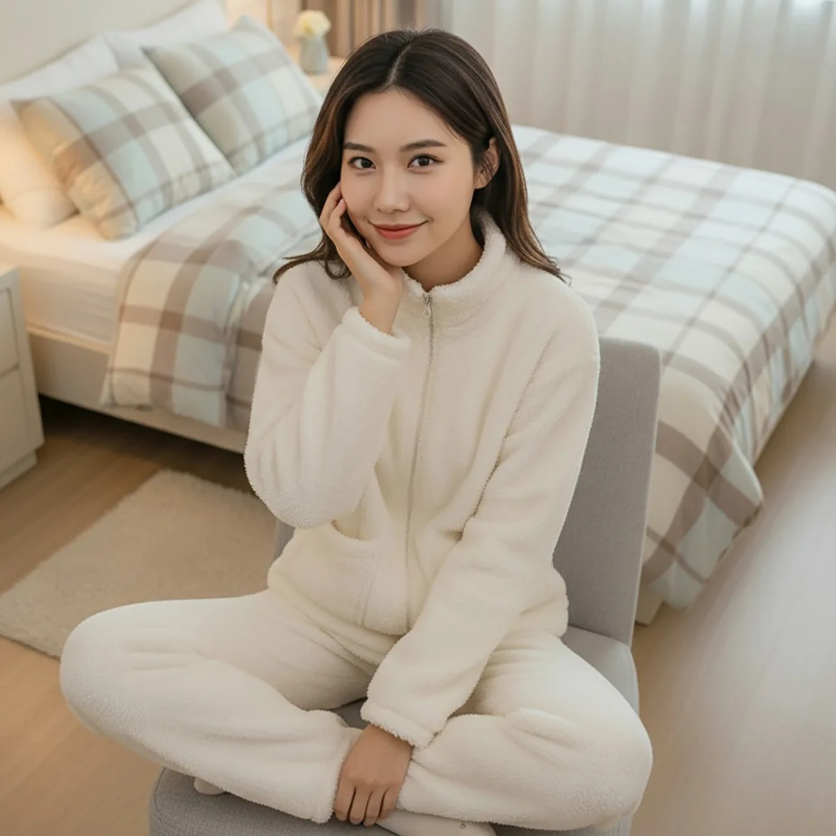 Herbst- und Winter-Pyjama für Damen, Korallensamt mit verdicktem, warmem Flanell-Reißverschluss, Stehkragen, Heimkleidung, zweiteiliges Set