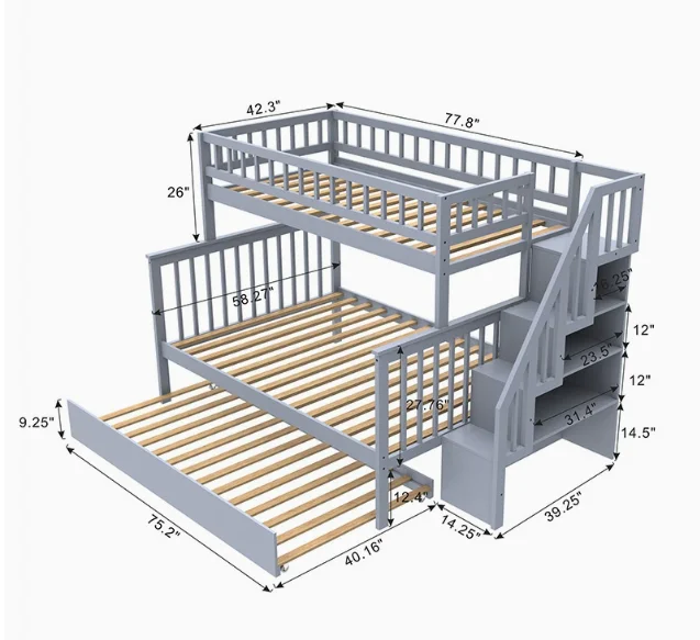 -Pour le rangement moderne en bois enfants trois lits superposés Triple lit superposé pour enfants m