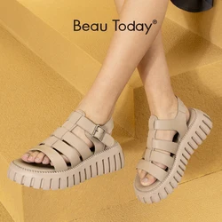 BeauToday Platform Sandals Genuine Cow Leather Women Open Toe  Solid Color Ankle Strap Casual Outdoor Summer Female Shoes 38201S