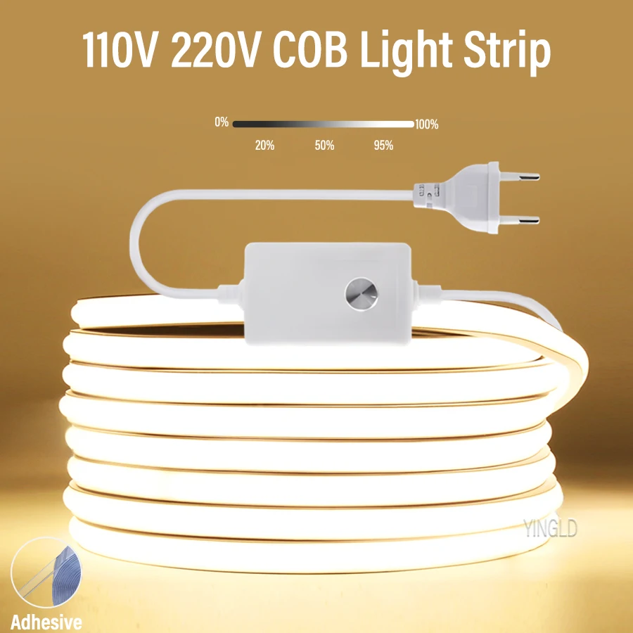 

220V COB LED Strip Light High Bright Switch/Dimmable US 110v EU Plug Neon Tape Kitchen Cabinet lighting Waterproof garden