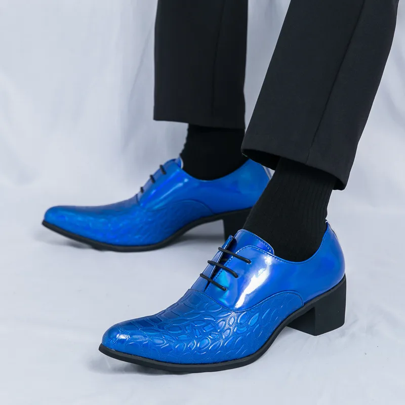 

2025 Luxury Dress Men High Heel Shoes Designer Blue Pointed Toe Patent Leather Shoes Man Party Men Wedding Formal Shoes Oxfords