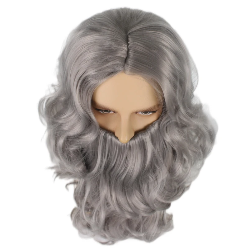 Pelucas de pelo largo y rizado con división en medio, Azul, Blanco y gris, barbudo, Cosplay, Halloween, Santa Claus, auriculares, 28520