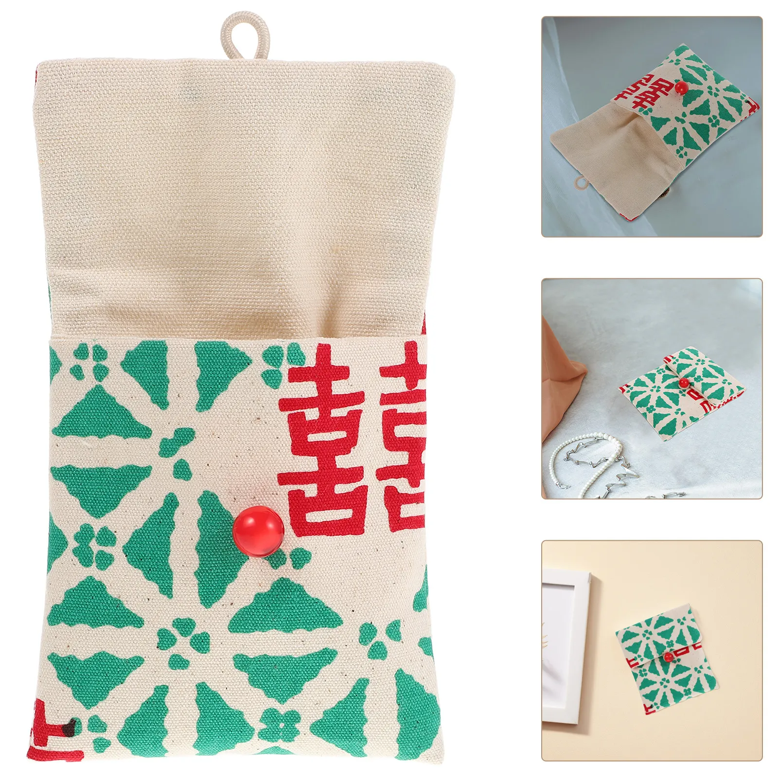 

Elegant Small Jewelry Pouch with Traditional Chinese Xi Symbol Fabric Storage Organizer for Necklaces Bracelets Coins Wedding
