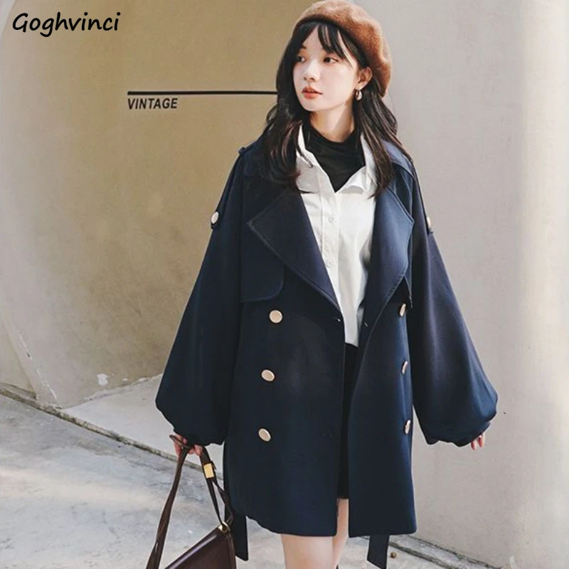 

Trench Women Preppy Style Simple Loose British Solid Fashion Lace-up Epaulet Fall New Chic Bat Sleeved Outwear All-match Casual