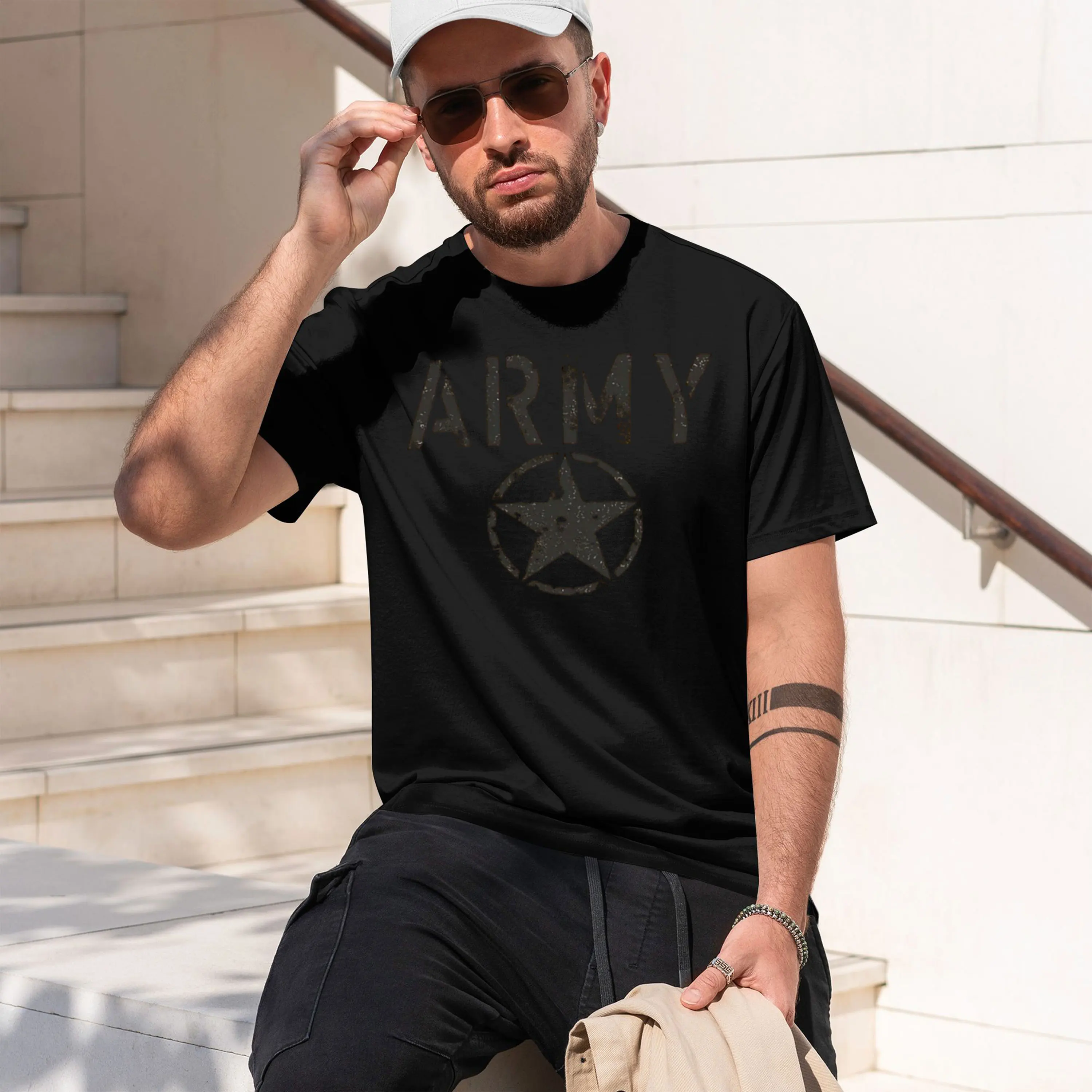 2026 New Model Men's summer 100 cotton fashionable casual loose sports ARMY and five pointed printed round neck short sleeved T-