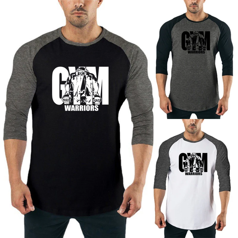

Одежда для тренажерных залов, мужская футболка для бега, весенне-осенняя футболка с рукавом три четверти, лоскутные футболки для фитнеса, спортивная футболка