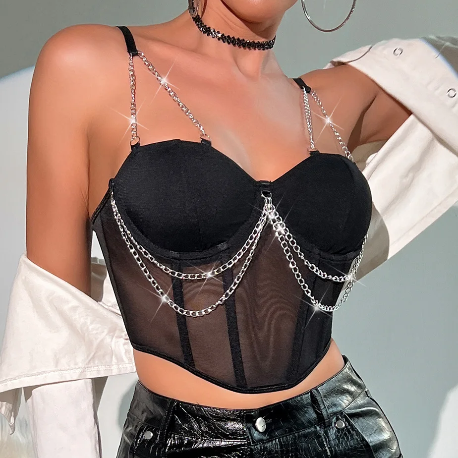 

Summer Corset Crop Tops Metal Chain Camisole See-through Black Mesh Halter Bustier Sexy Slim Fit Fishbone Tank Top Woman Clothes