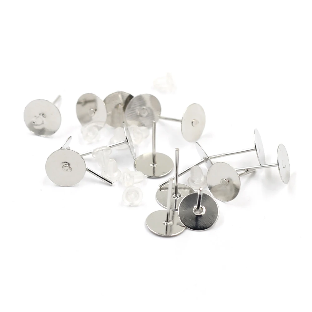 2000Sets Earrings Post With Rubber Stoppers Ear Alloy Glue-on Silver Tone Jewelry DIY Findings 12x8mm