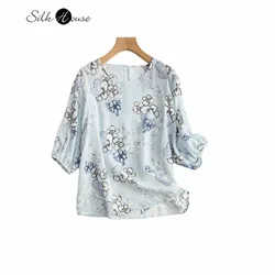 100% Natural Mulberry Silk 03 Double Crepe Temperament Lantern Sleeve Blue Printed Round Neck Loose and Versatile Casual T-shirt