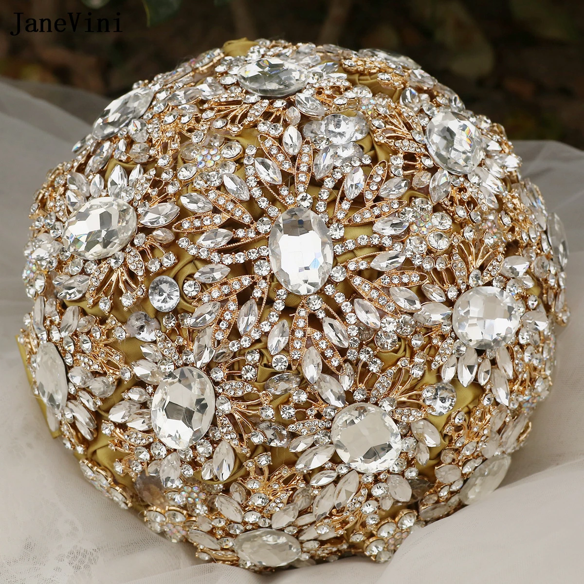 

Новые роскошные свадебные букеты JaneVini с бриллиантами и золотыми украшениями, искусственные атласные розы, букет цветов для невесты, свадебные аксессуары