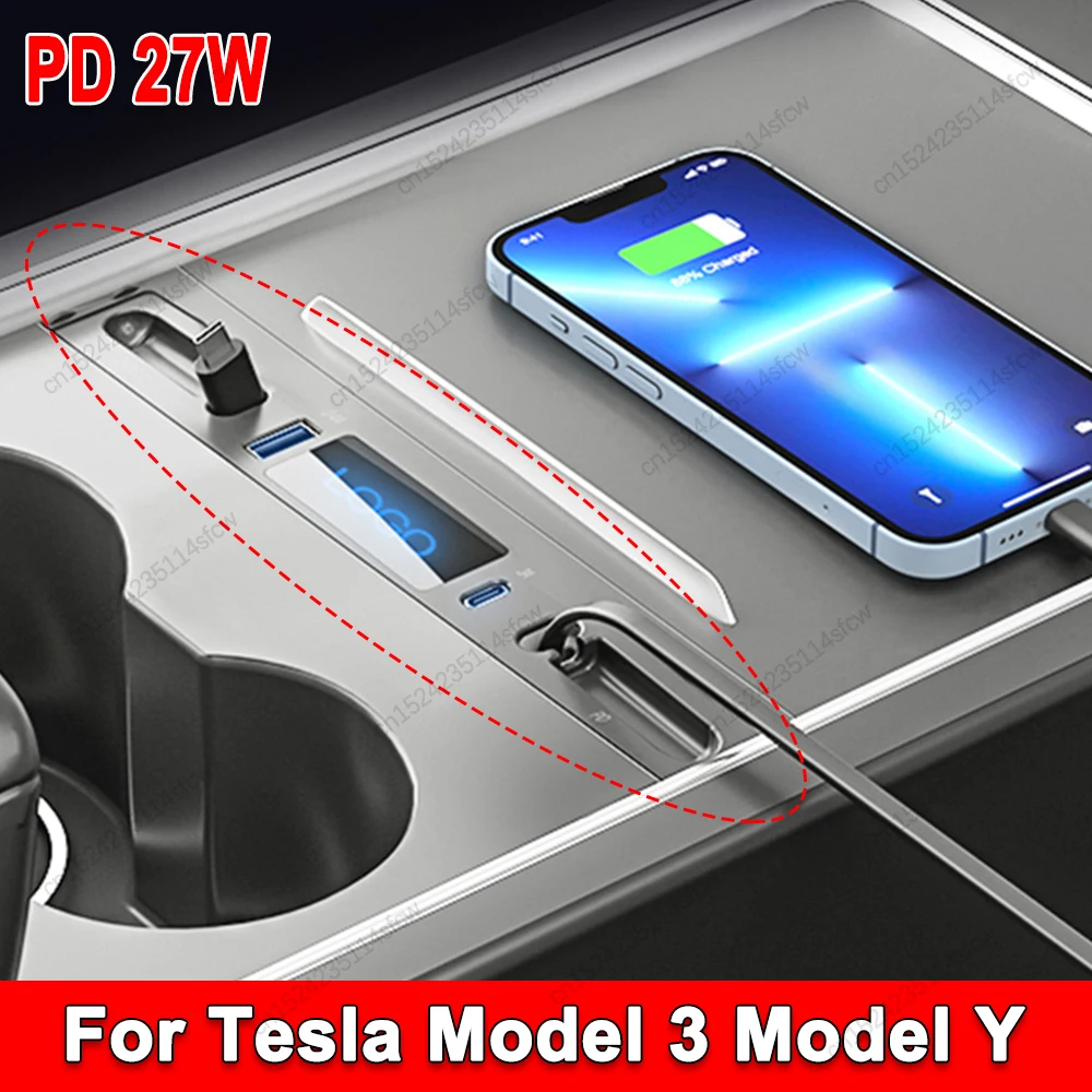 Docking Station per Tesla Model 3 Model Y PD 27W caricatore rapido LED Car Intelligent Adapter Powered Splitter Extension Shunt Hub