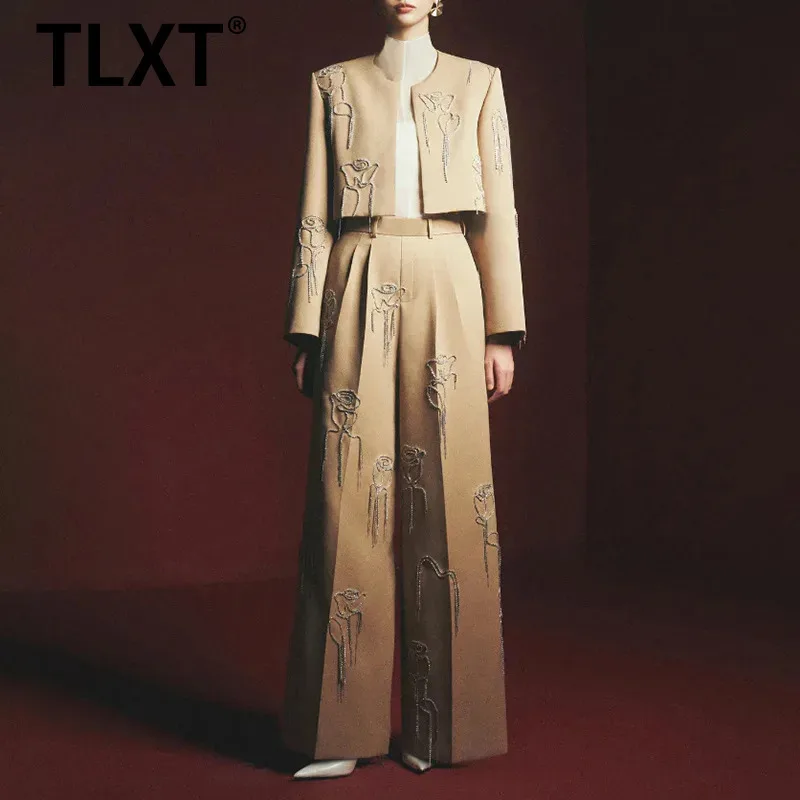 

TLXT Модный женский элегантный комплект из двух предметов цвета хаки, пиджак и широкие брюки, брючный костюм с длинным рукавом и высокой талией XK1603