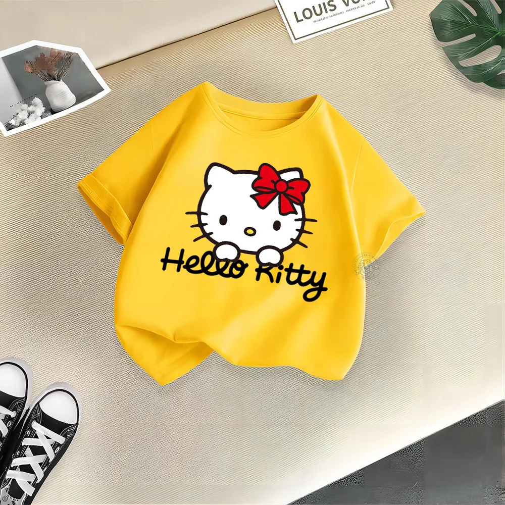 Cute cartoon Hello Kitty Short Sleeve T-shirt Summer anime Sanrio Boys and Girls Top T-shirt Pure cotton crewneck casual top