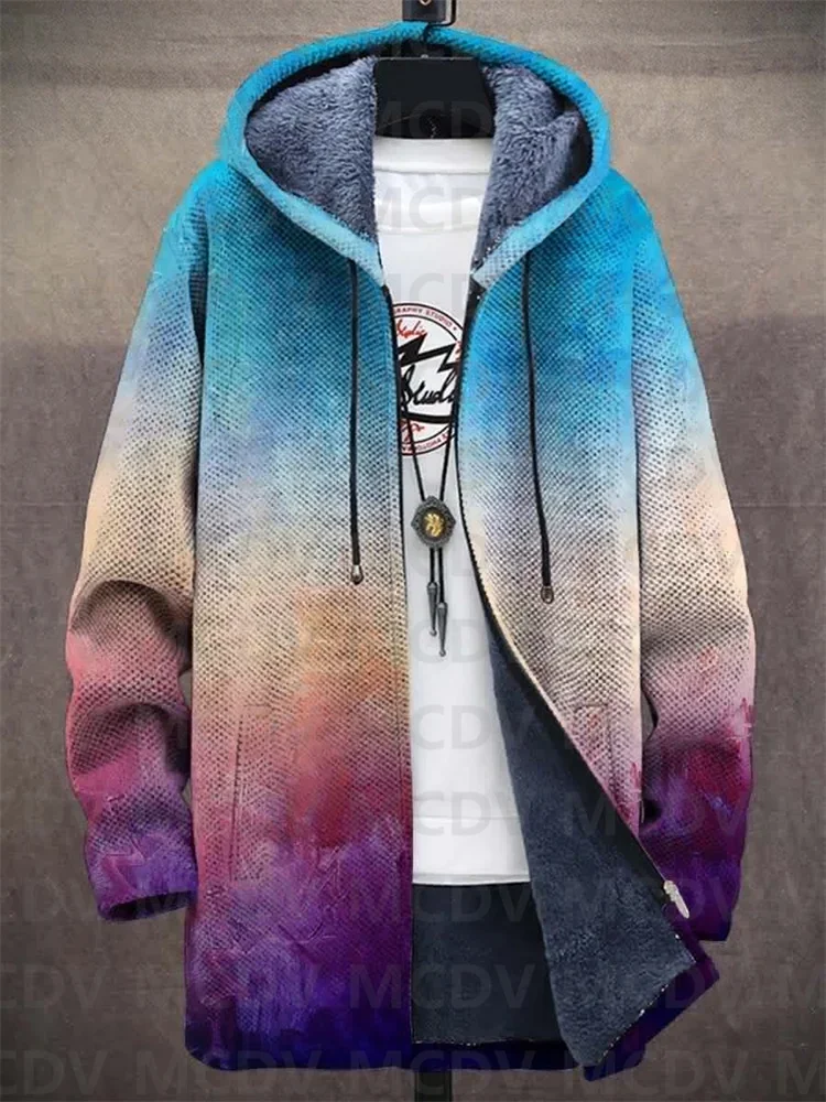 Unisex Color Gradient Art Fashion Plush Thick Long-Sleeved Sweater Coat Cardigan Warm Jacket