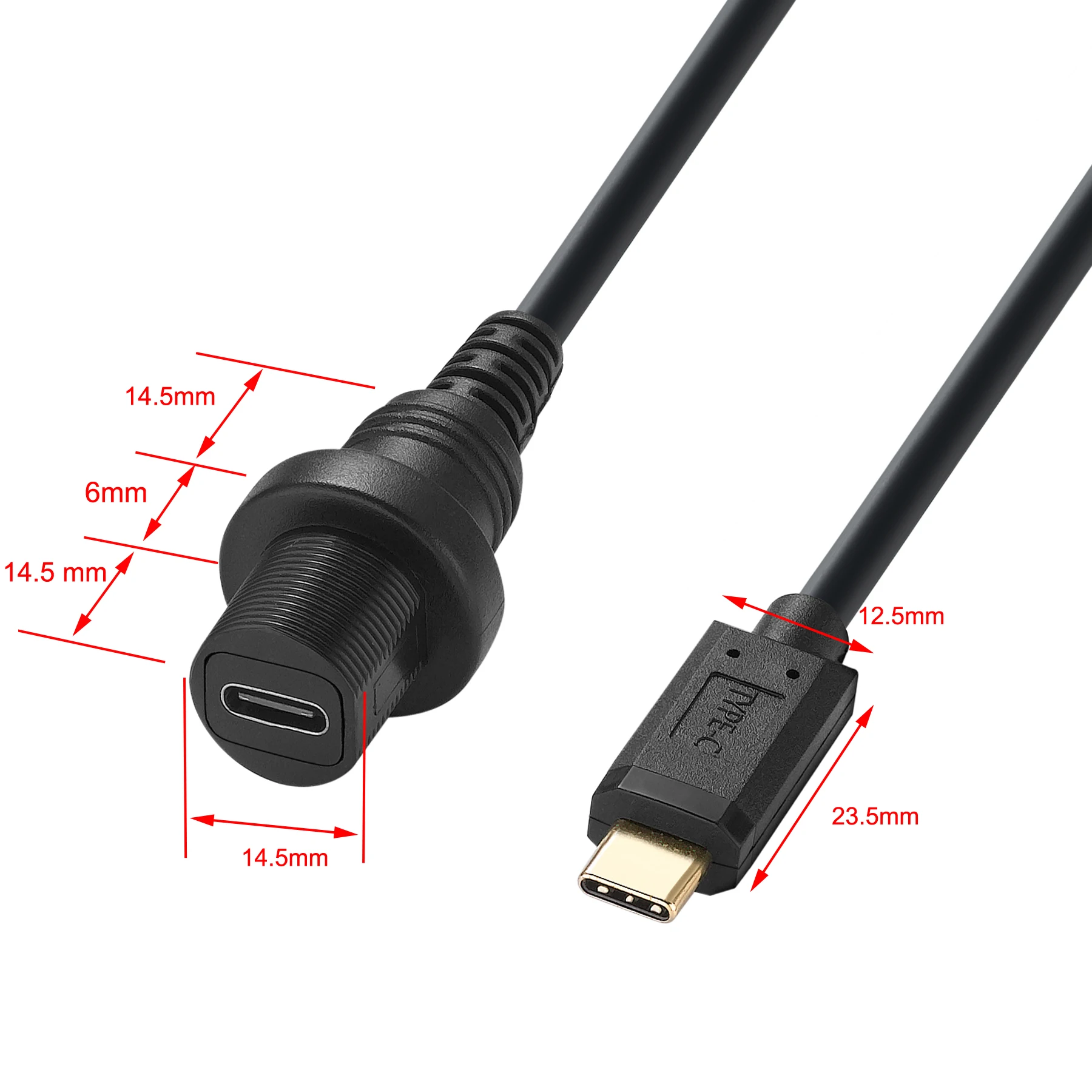 Bochara Dashboard USB Type C 3.1 Male to Female Flush Panel Mount Extension Cable For Car 30cm Gold Plated