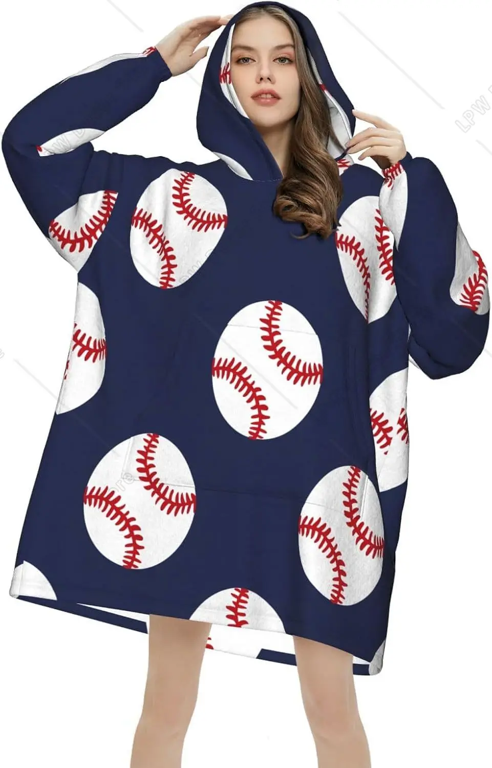Blue Baseball Pattern Wearable Blanket Hoodie Sport Theme Oversized Sweatshirt Blanket Cozy Warm Sherpa Hooded Blanket