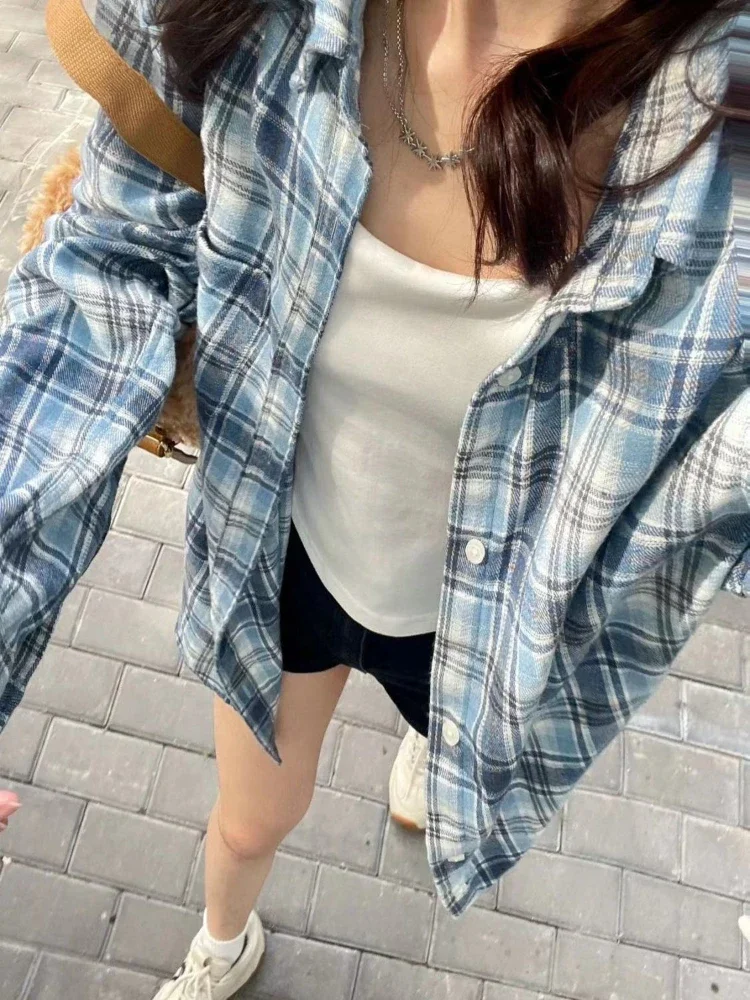 

Blue Plaid Y2k Shirts Women Baggy Vintage Soft Spring Fall Minimalist Casual Gothic Ins High Street Blusas All-match Long Sleeve