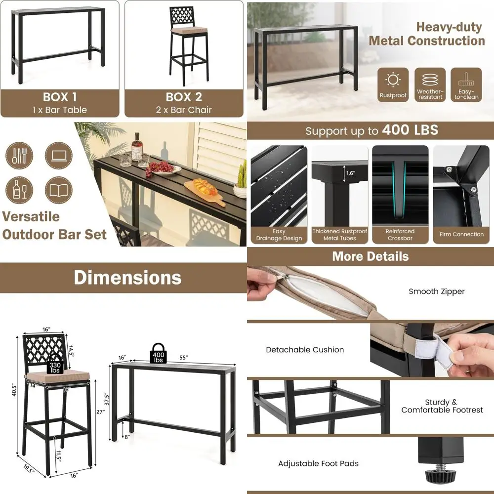 

55 High Outdoor Bar Table Set with 2 Cushioned Stools and Rhombus Backrest for Patio, Balcony, and Poolside
