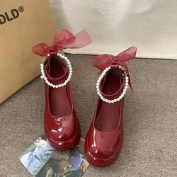 Mary Jane Shoes Women's Spring New Ultra-high Heel Pearl Chain with Platform Block Heel Wedding Shoes Lolita Shoes