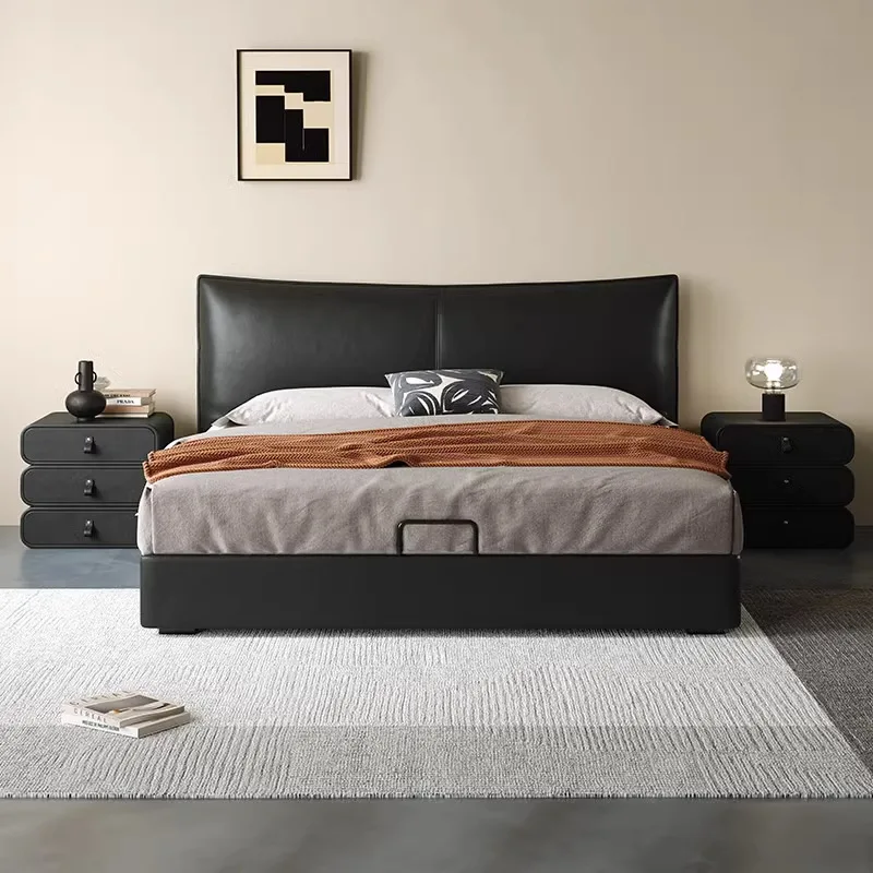 Century Master Italian Leather Bed, Simple Modern Light Luxury Black Leather Bed, High-end Atmospheric Master Bedroom Soft Bag D