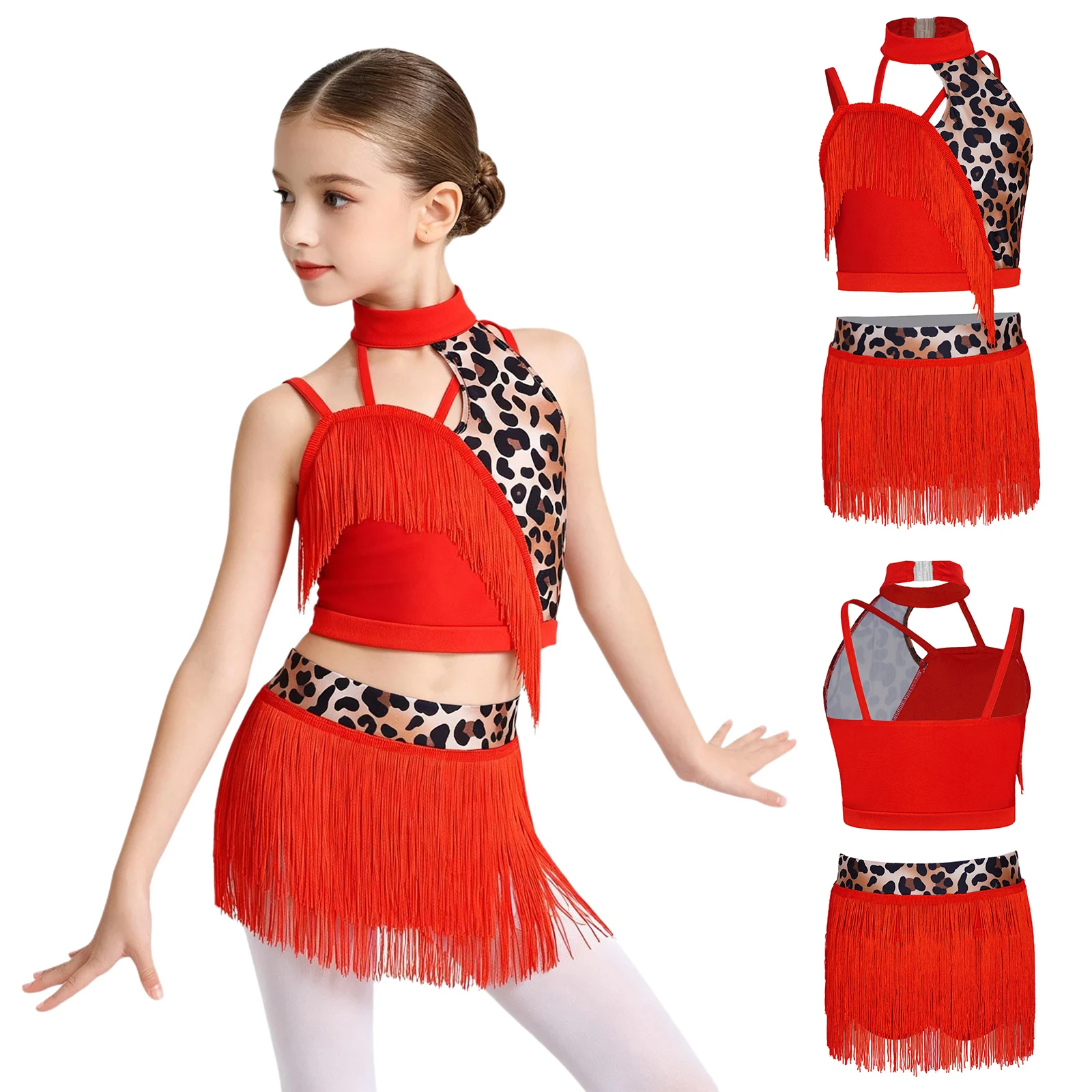 

Kids Girls Latin Dance Outfit Tassel Vest Fringed Skirt Sparkly Stretchy for Tango Salsa Cha Cha Rumba Stage Performance