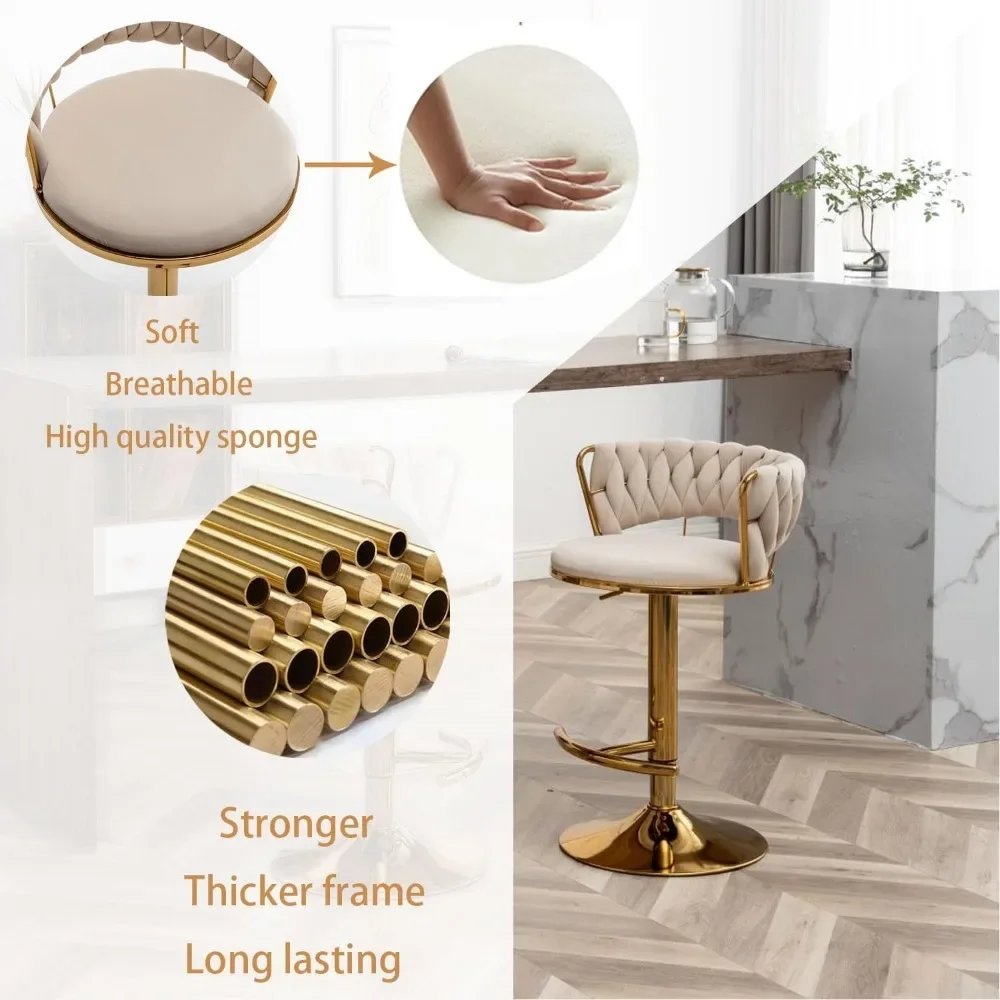 Gold Velvet Bar Stools Set, altura do contador, costas baixas, tamborete giratório para cozinha da ilha, conjunto de 4