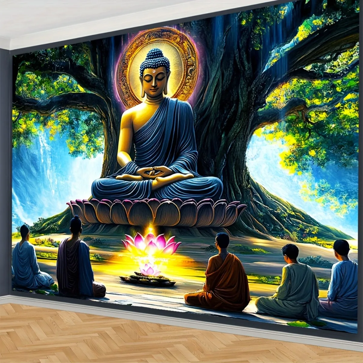 Buddha Under Bodhi Tree Tapestry Polyester Wall Hanging Boho Zen Meditation Room Art home decor aesthetic