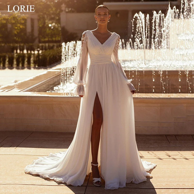 

LORIE Exquisite A-Line Wedding Dress Appliques Full Sleeves Bride Prom Dresses Chiffon Side Slit Bridal Gown 2025 Customized