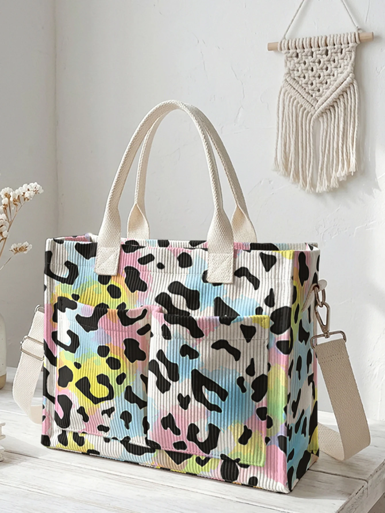 Pastel Rainbow Leopard Print Corduroy Tote Bag Large Capacity Multi Pocket Commuter Shoulder Bag