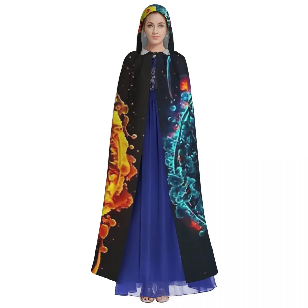 火と水のバランス陰陽ロングフード付きマント魔女中世衣装コスプレケープハロウィンヴァンパイア大人ユニセックス