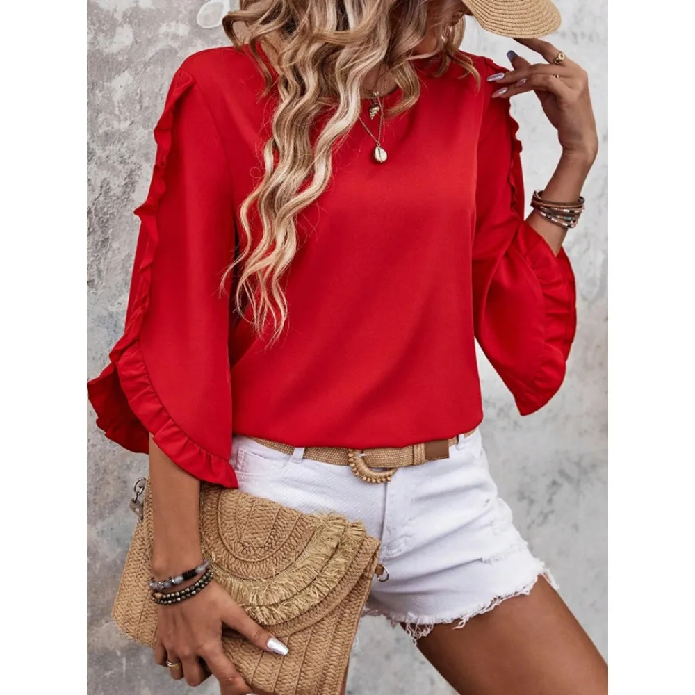 Spring and Summer Boho New Women's Blouses Fashion O-neck Lace Irregular Three-quarter Butterfly Sleeve Top Casual Shirts Women