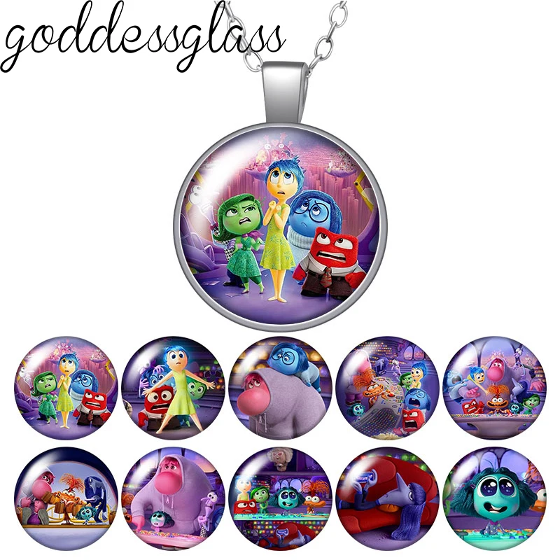 Disney Inside Out 2 Joy Fear Disgust Anger Sadness Round Photo Glass cabochon silver plated pendant necklace jewelry Gift