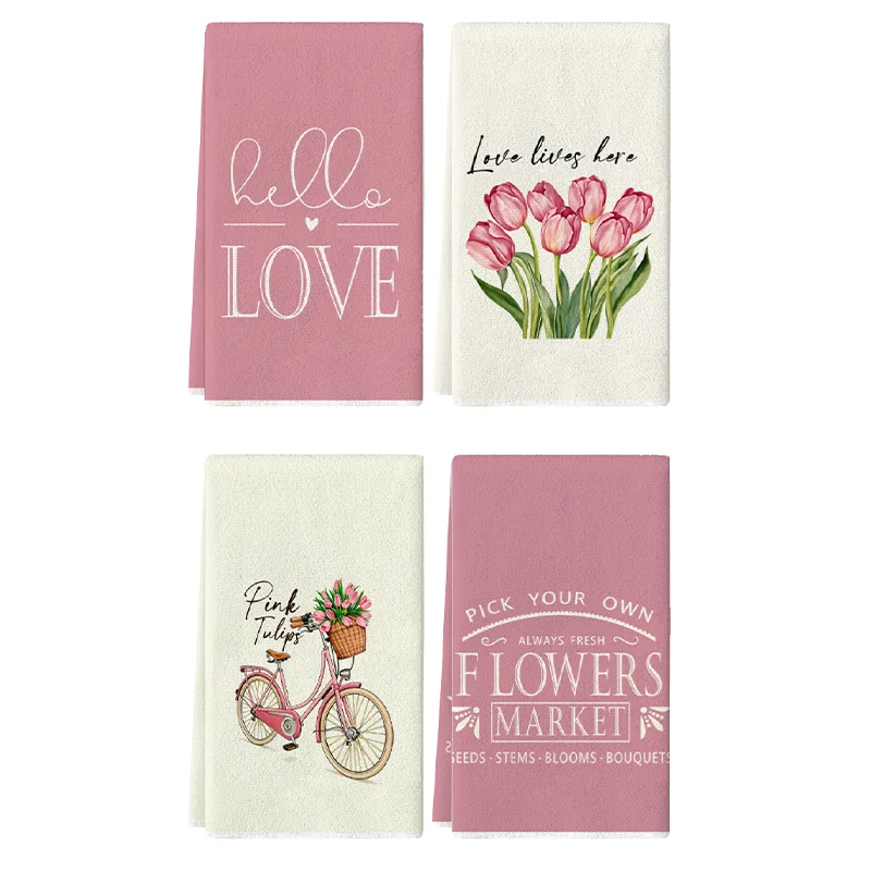 4Pcs, Pink-Toned Tulip Love Kitchen Towels, 40Cm*60Cm Towel Set, Best Kitchen Towels, Super Absorbent Soft Cleaning Cloth, Cooking and Baking Tea Towels, Hand Towels, Cleaning Cloths, Dishcloths, Kitchen Decor, Living Room Decorations, Kitchen Essentials, Home Essentials
