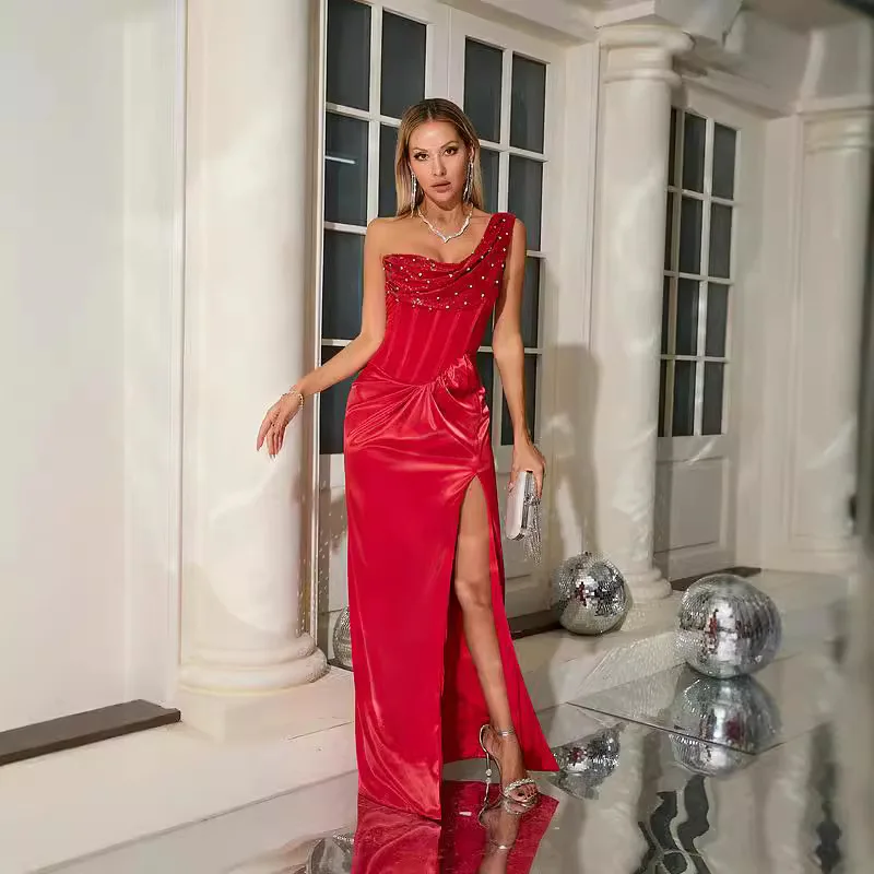 

European and American New Elegant One-Shoulder Long Dress Pleated Slim Party Evening Gown High-End Hot-Selling