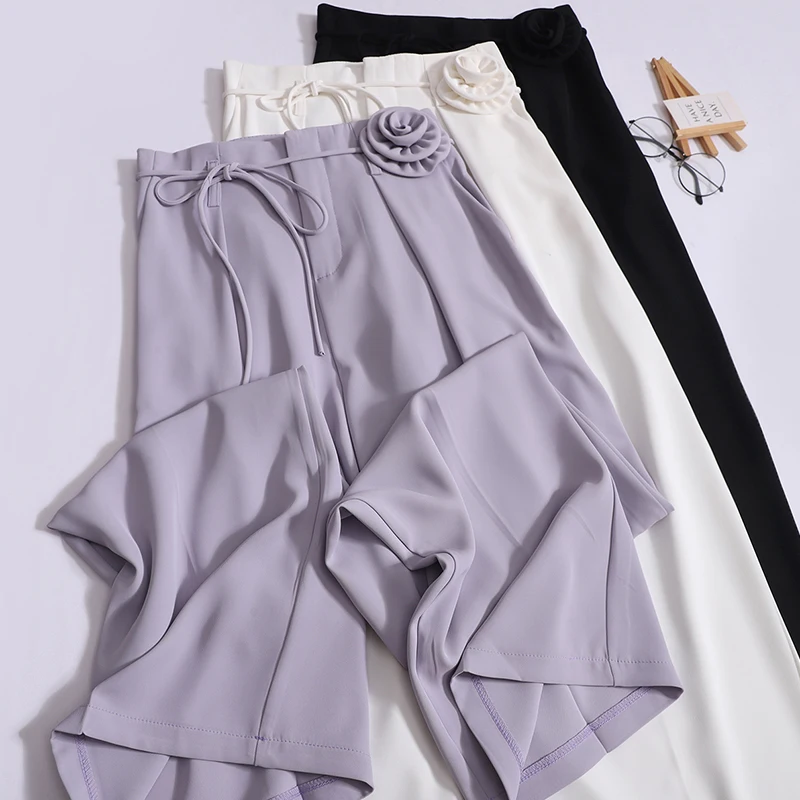 

Summer New High Waist 3D Rose Blossom Suit Wide Legged Pants for Women with Loose and Slim Drop Feeling, Lace up Casual Pants