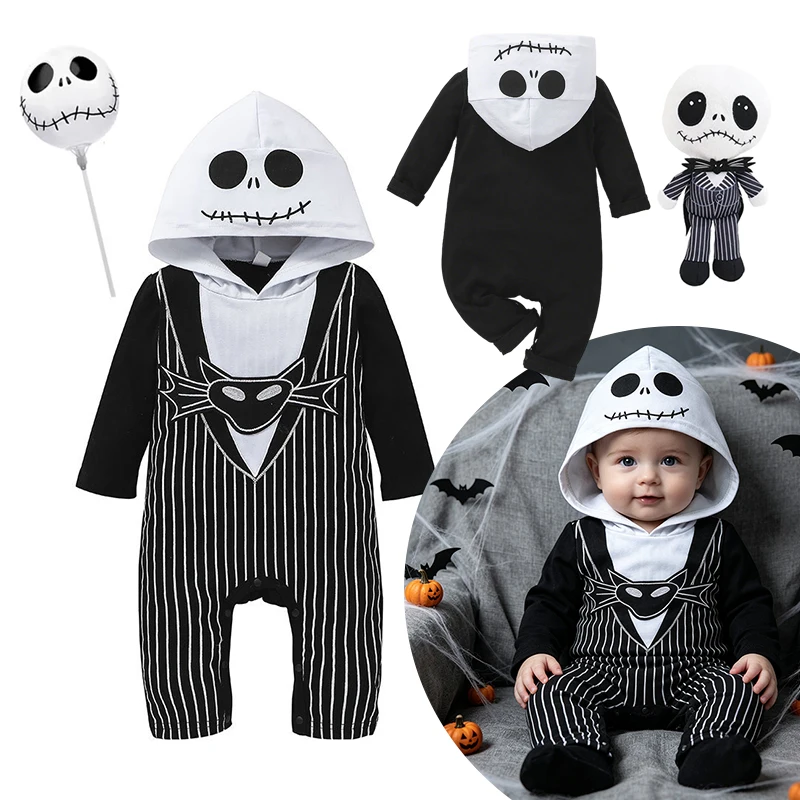 Baby Toddler Black White Striped Skeleton Hooded Romper For Kids Halloween Trick Or Treat Birthday Party Cosplay Costume
