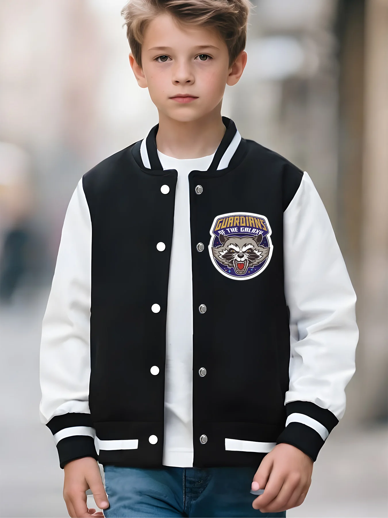 MINISO Marvel Baseballjacke für Jungen – Rocket Raccoon Guardians of the Galaxy, doppelseitiges Musterdesign, weiche und bequeme Fa