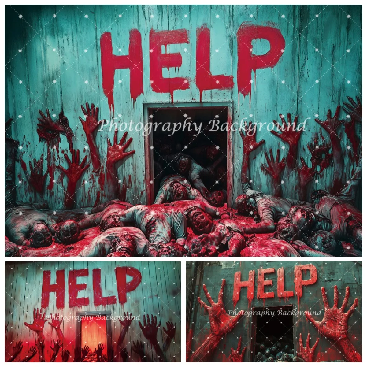 

Escape Room Ghost House Halloween Decoration Backdrop Wooden Door Help Text Zombie Blood Handprint Backgrounds for Photographs