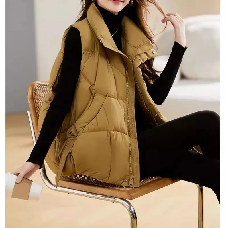 

Women Down Vest Sleeveless Solid Vests Zipper Covered Button Pockets Jacket High Street Stand Collar Thick Outerwear Cardigan