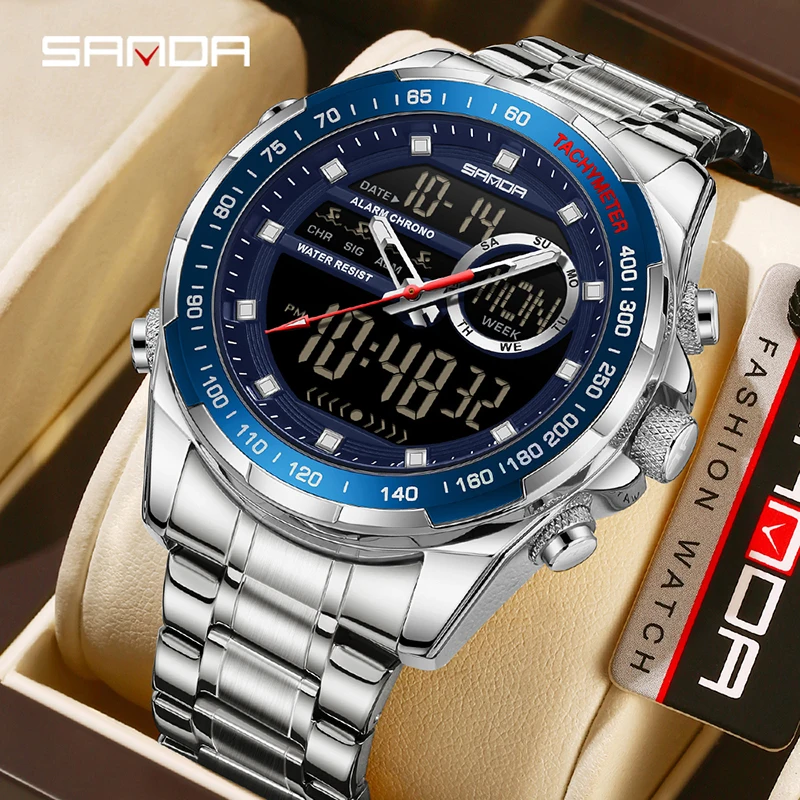 

SANDA6318 мужские деловые часы со стальным ремешком, три контакта, простые электронные кварцевые часы, ночник, водонепроницаемые часы